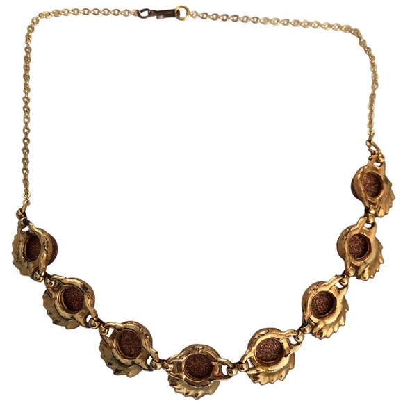 Vintage Faux Goldstone Copper Fluss Foil 19”Necklace Gold Plate Unsigned - Picture 2 of 7